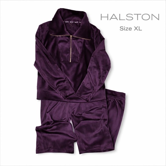 Halston Heritage Pants - Halston Velour Lounge Set XL Purple 2pc Tracksuit Gold Zip Soft Cozy Womens